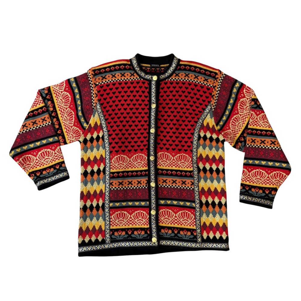 Vrikke Cardigan Sweater Womens XL Red‎ Wool Norwegian Design Heart Knit